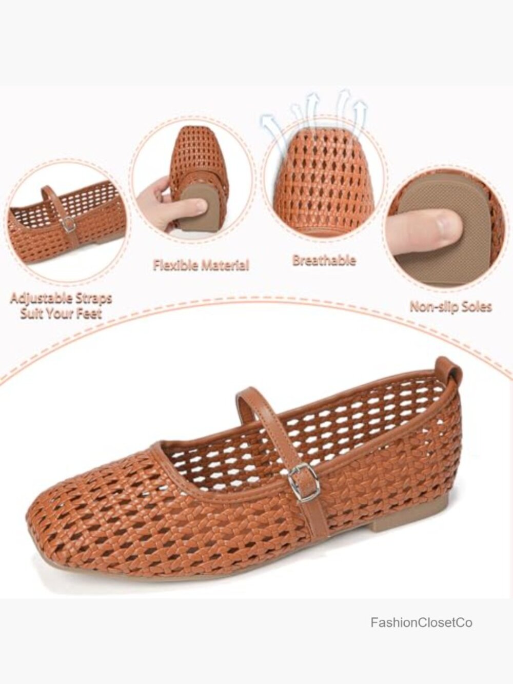 Women's Mesh Mary Jane Ballet Foldable Flats Squared Toe Woven Comfortable - Picture 3 of 7